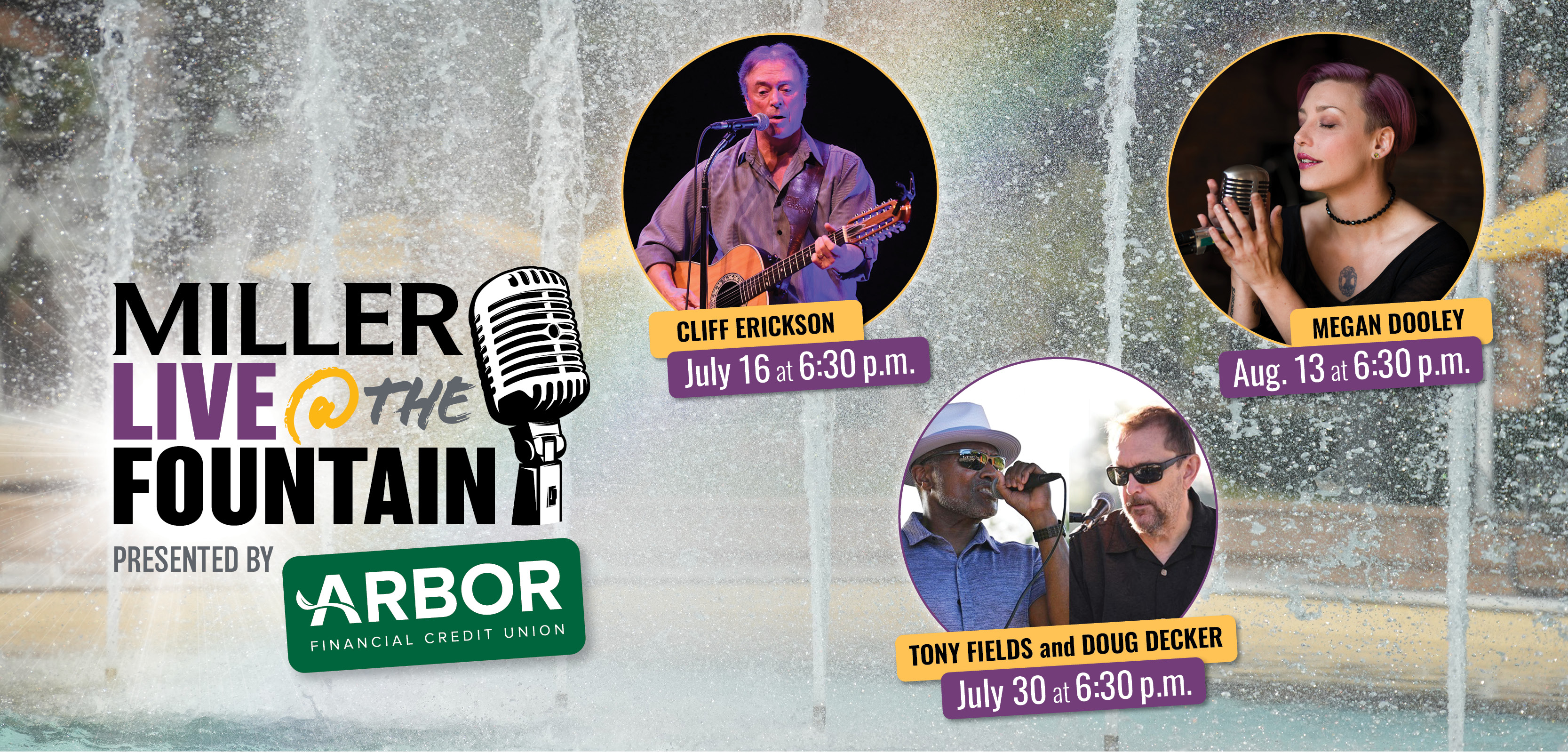 Photo of the Miller Fountain with three of the Miller Live performers pictured: Cliff Erickson, Tony Fields and Doug Decker, and Megan Dooley.
