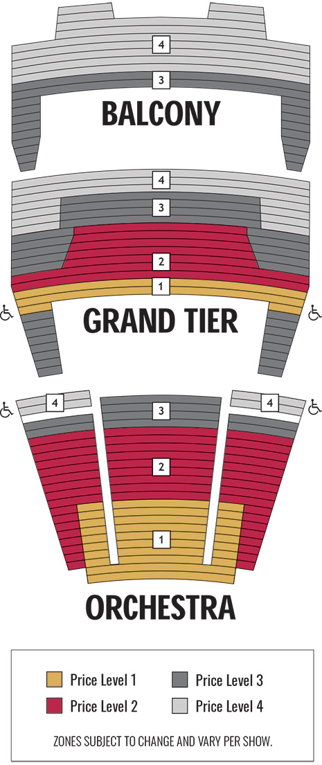 Seating chart for the different zones at Miller Auditorium. Zones subject to change and vary per show.