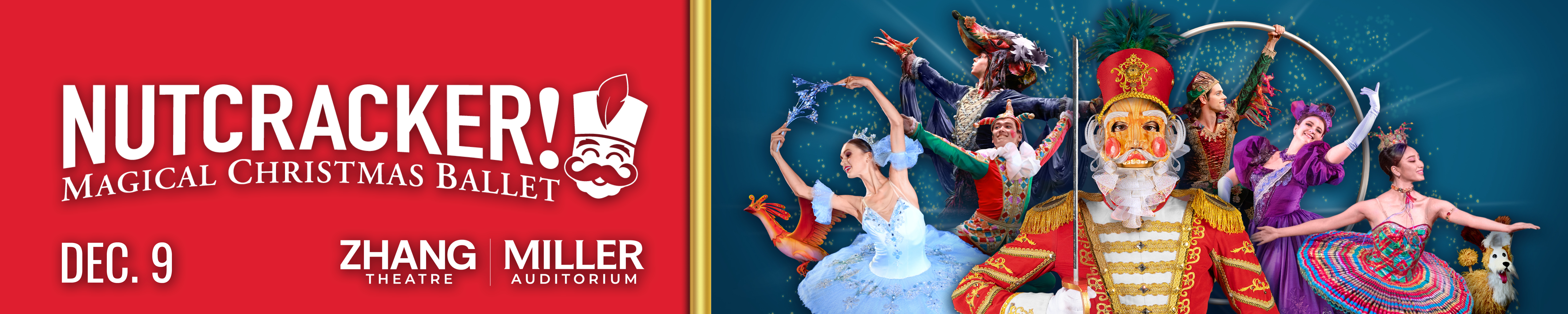 A nutcracker in a red hat holding a sword, with collage of other ballerinas around him.>
<p>
Tickets are now on sale for <a href=