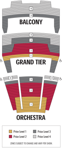 Miller Auditorium seating chart showing the various zones along where the assisted seating is located.