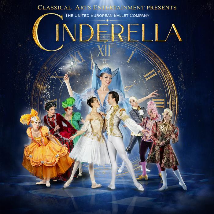 Cinderella Ballet show logo showing cast members in costume dancing against a blue background and a clock