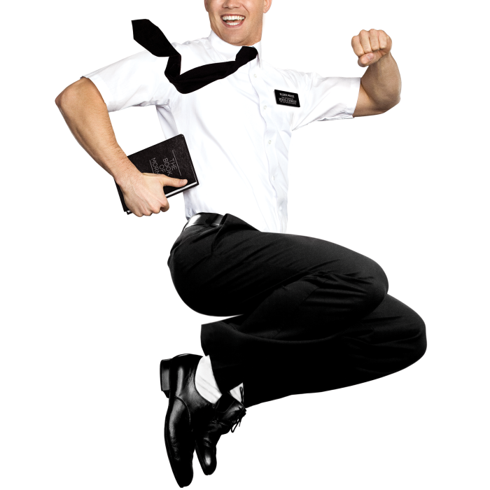A jumping man dressed in a white shirt and black pants holding the Book of Mormon in his hand.