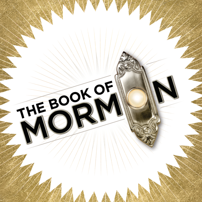 The Book of Mormon logo that has a doorbell for the last o in Mormon.