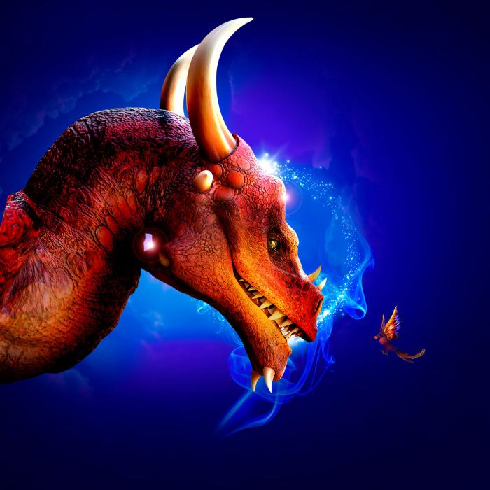 The red dragon talking with a mystical beast on a starry blue background