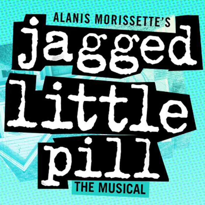 Jagged Little Pill logo on a green background and upside down house.