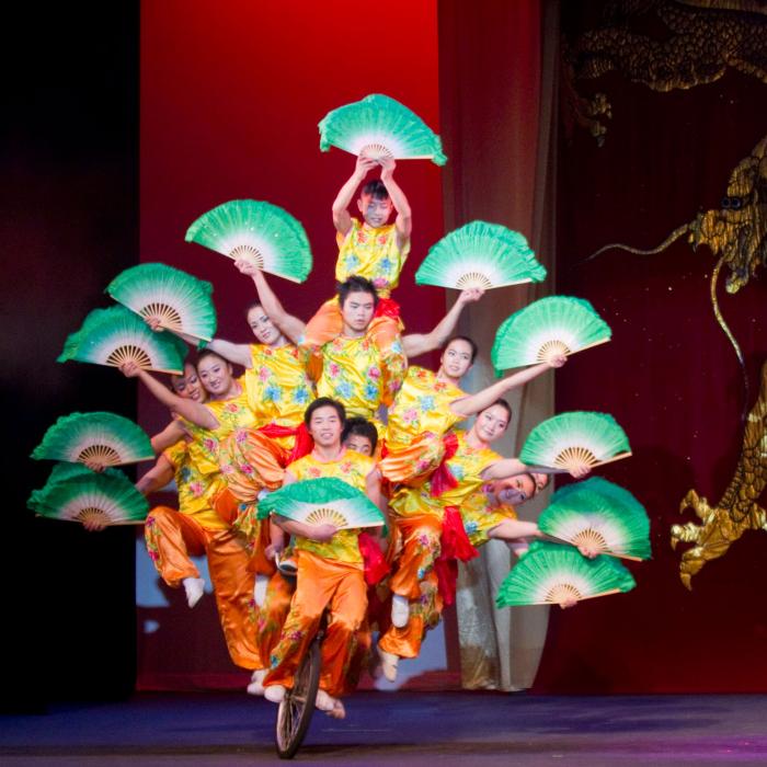 a group of acrobats balancing in pyramid form on one bicycle