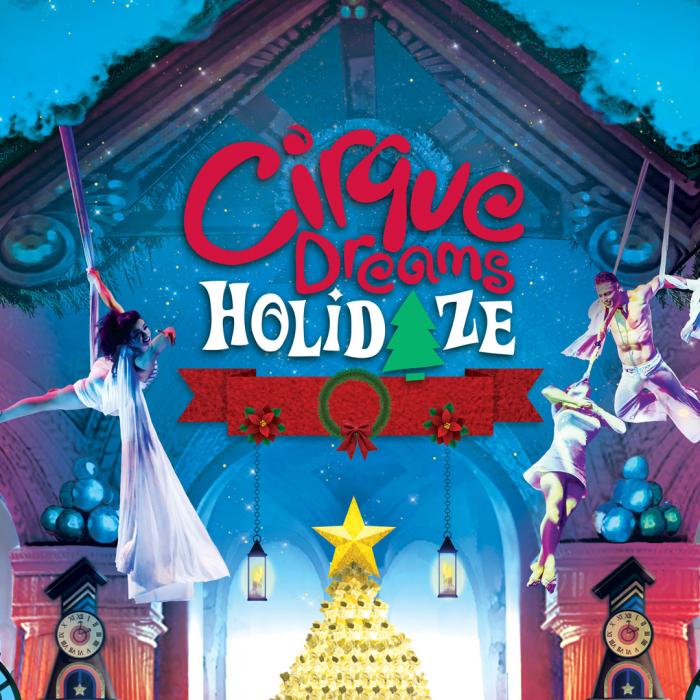 Cirque Holidaze logo with acrobats doing different stunts around the wording