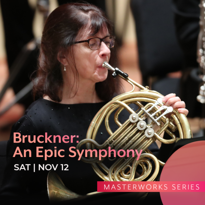 Lady playing the French horn in the orchestra