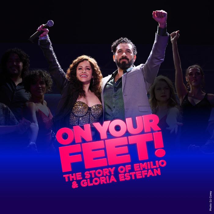 On Your Feet logo with photo of actors playing the roles of Emilio and Gloria Estefan