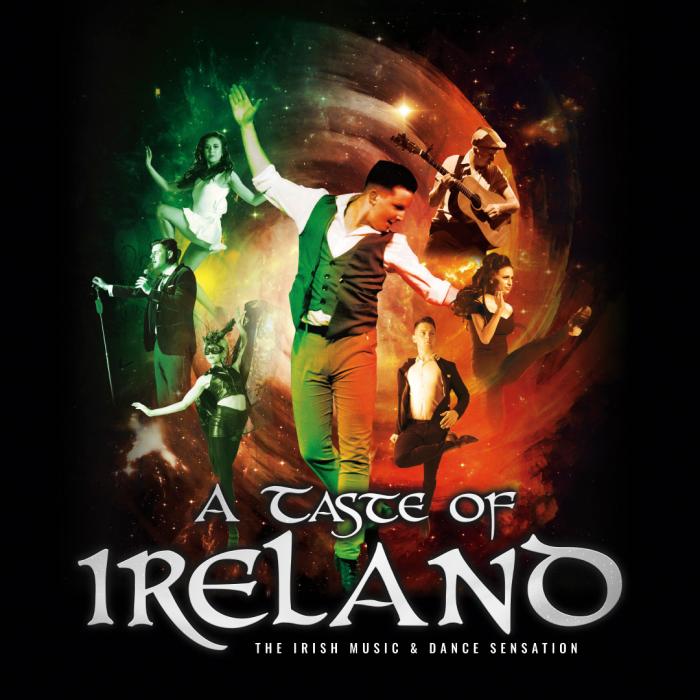 a collage of Irish Dancers on a bright yellow and red background.