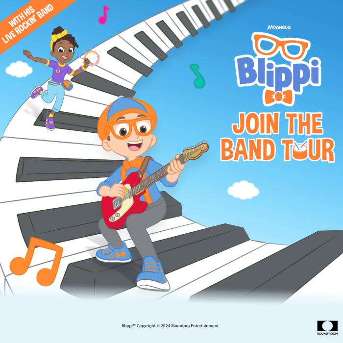 Blippi playing a guitar on a curved keyboard background with musical notes surrounding him.