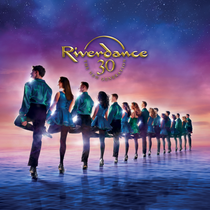 Riverdance Logo with 15 people holding hand with each other and dancing facing backwards