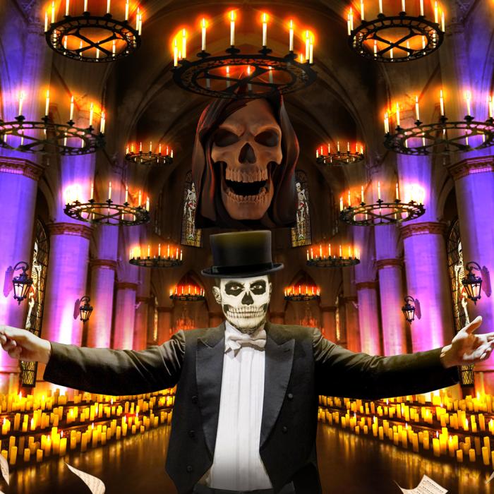 Skeleton Director with a top hat and tux in front of candles.