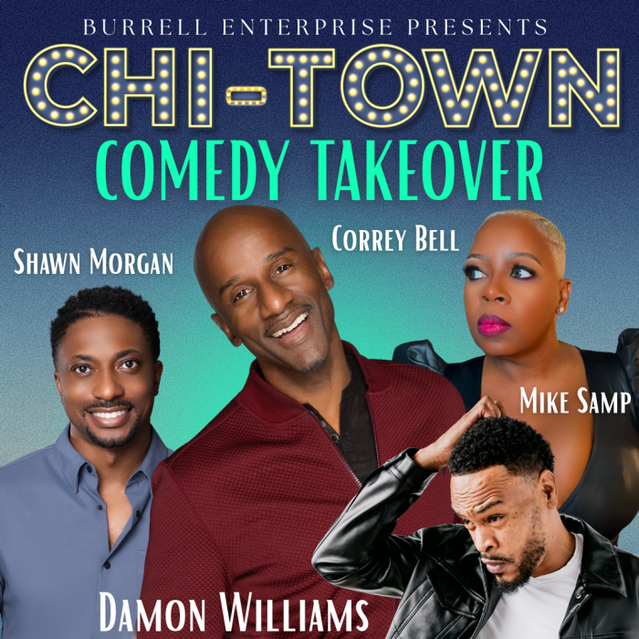 Chi-town logo with four comedians pictured