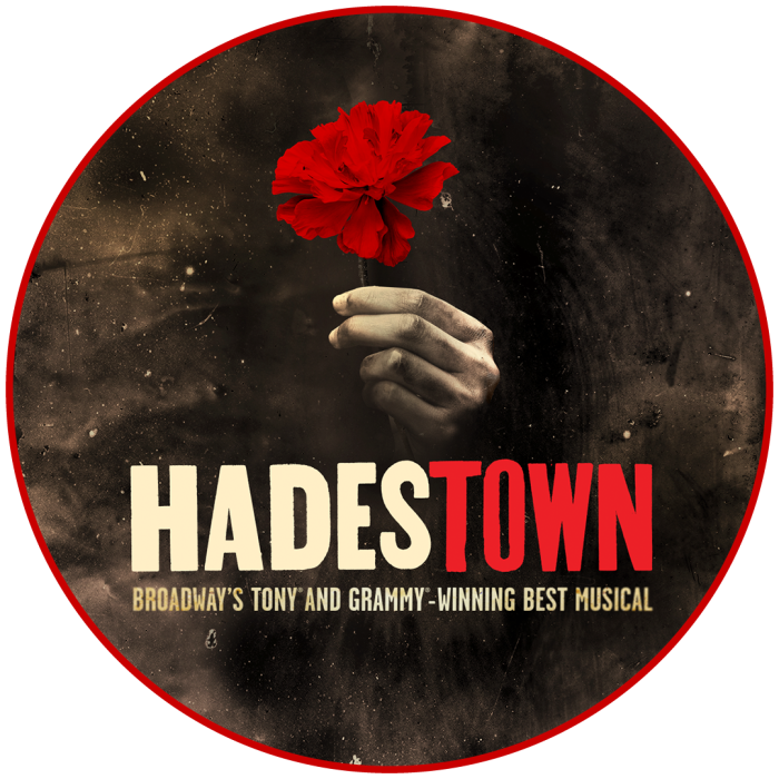 Hadestown show logo with a hand holding a red carnation