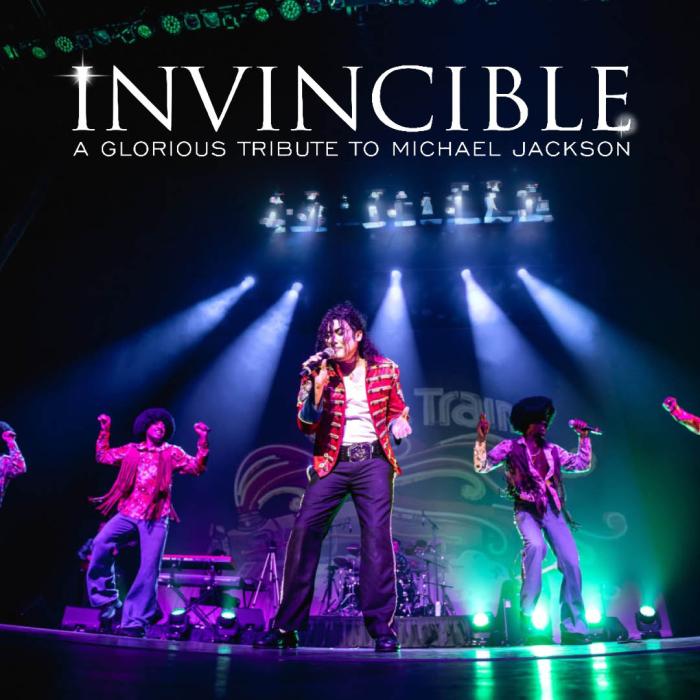 Promotional image for Invincible: A Glorious Tribute to Michael Jackson featuring a performer and dancers on a brightly lit stage, with the event date Nov. 20 at Zhang Theatre, Miller Auditorium.