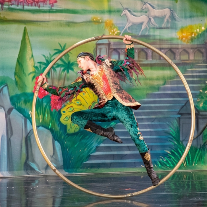 A dancer jumping through a big circle ring