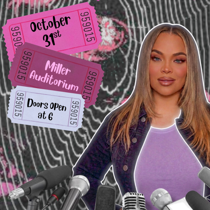 Young lady on a black and white background and pink, purple and white tickets