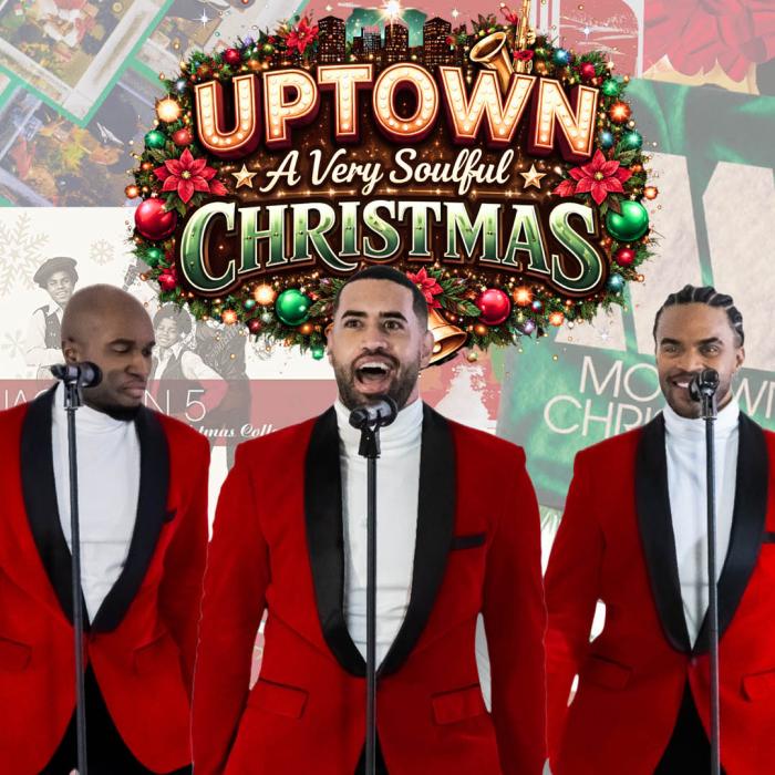 UPTOWN performers in red tuxedo jackets sing on stage beside microphones with the A Very Soulful Christmas holiday logo featuring festive ornaments and bells. Dec. 11 at Miller Auditorium