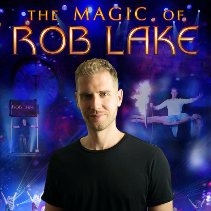 Rob Lake portrait up close underneath the show logo