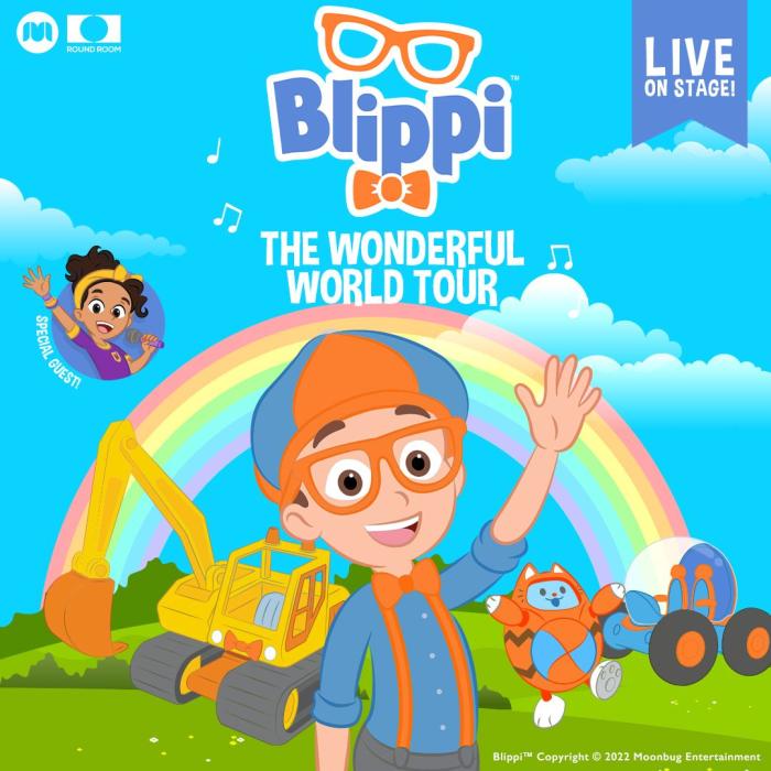 Cartoon character of Blippi in front of a rainbow