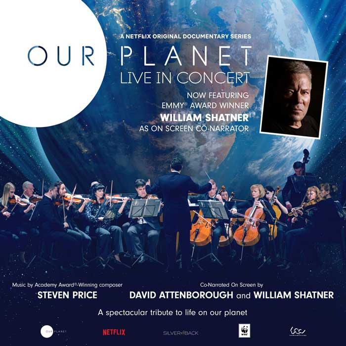 Our planet logo with an orchestra and photo of William Shatner