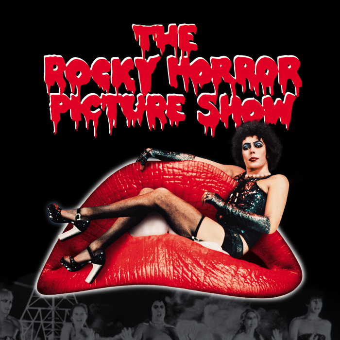 The Rocky Horror Picture Show logo with a man laying in a pair of lips