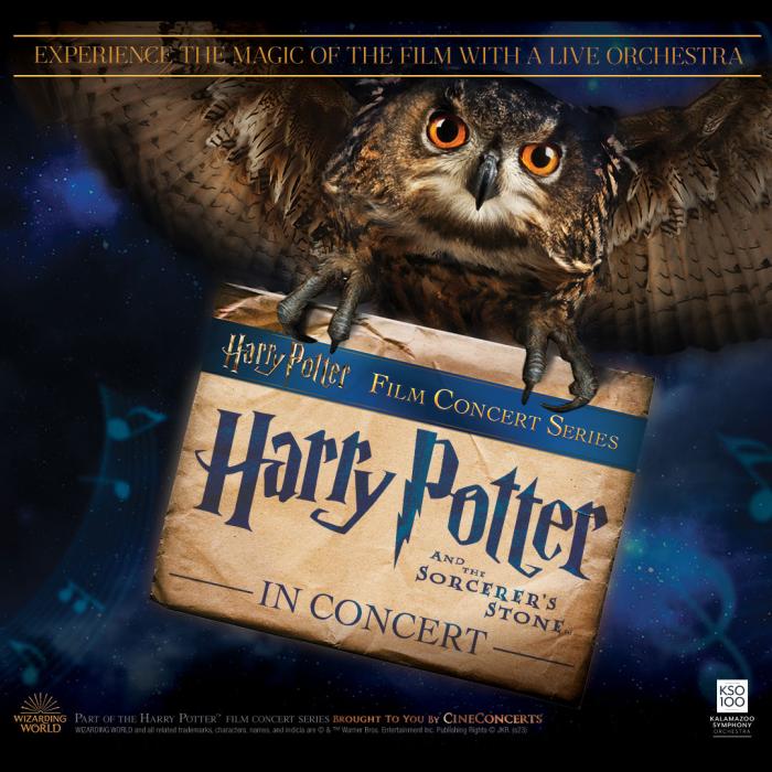 An owl carrying a Harry Potter sign set against a dark night setting.