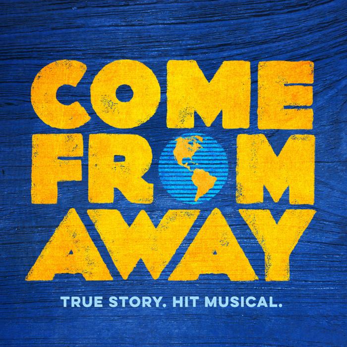 Come From Away Logo on a blue woodish background