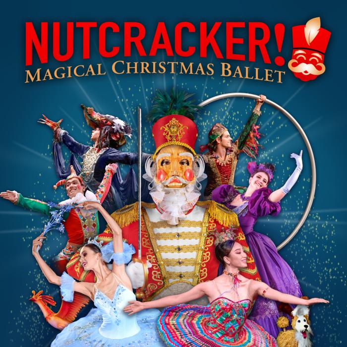 Nutcracker in a red hat with a gold color sword and dancers circling around him
