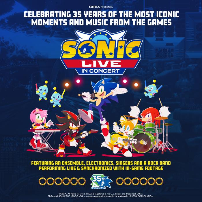 Characters from Sonic the Hedgehog assembled in a group set against a dark blue background with a banner reading "Celebrating 35 years of the most iconic moments and music from the games."
