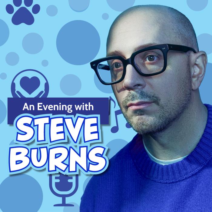 Steve Burns on a light blue background with various shades of blue circles, microphones and mental health icon along with Blues Cluespaw prints